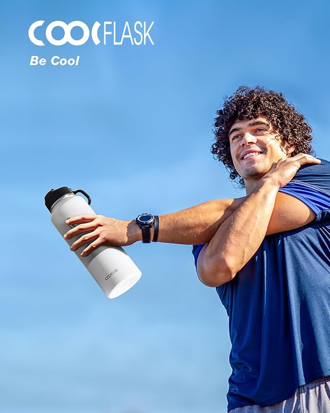 Coolflask Water Bottle 40 oz Insulated with Straw, Stainless Steel Metal 3 Lids Water Flask for Sports or Office, Keep Cold 48H Hot 24H, White