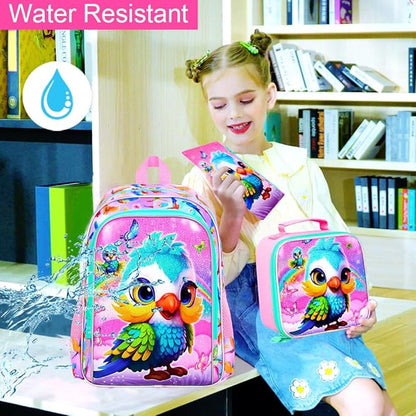 WZLVO 3PCS Backpack for Girls, 16'' Kids Parrot Preschool Bookbag Set, Cute Animal Water Resistant School Backpacks Set for Elementary Kindergarten Teen Travel