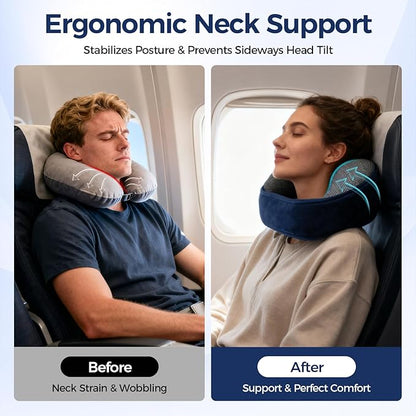 Memory Foam Neck Pillow for Airplane Travel - Ergonomic Support for Long Flights, Car Rides, Office & Home Use - Includes Contoured Eye Mask & Head Support - Adjustable Sizes M-L（Navy）