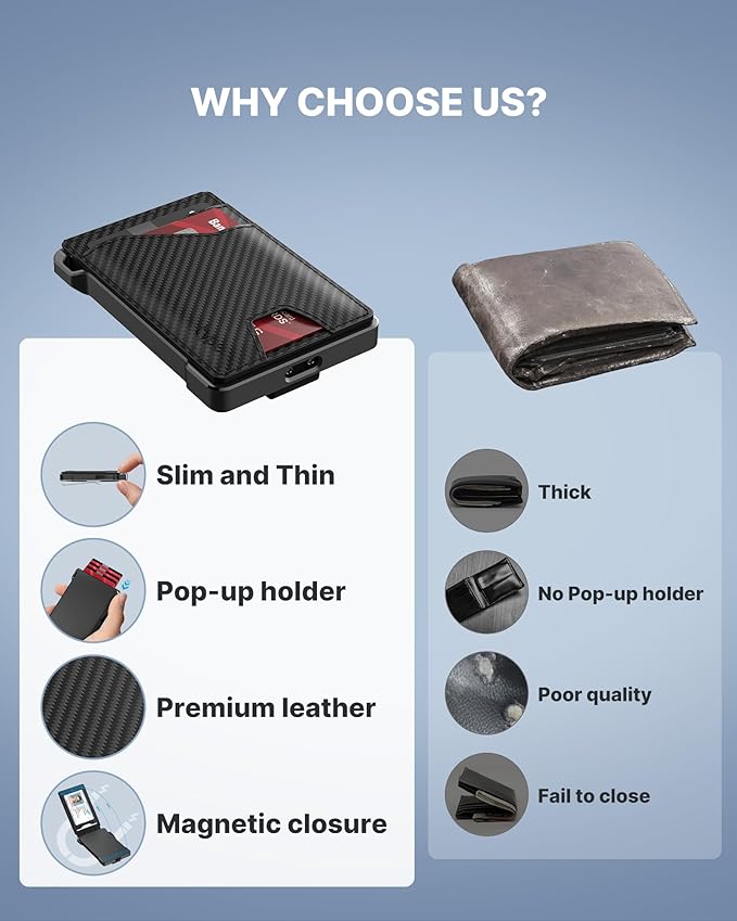 typecase Tactical Wallet for Men Card Holder: Pop Up Card Case, Genuine Leather, Smart, RFID Blocking, Slim, Minimalist, Thin, Front Pocket - 9-13 Card Capacitiy, ID Window, Money Clip (Carbon Fiber)