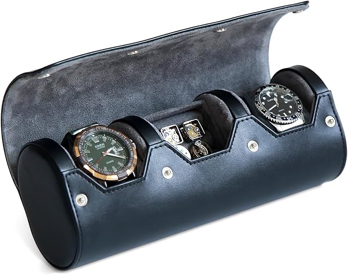 Travel Case for Watch and Cufflinks - PU Leather Organizer, Men's Storage Box, Portable Roll Set for 2 Watches - Gift