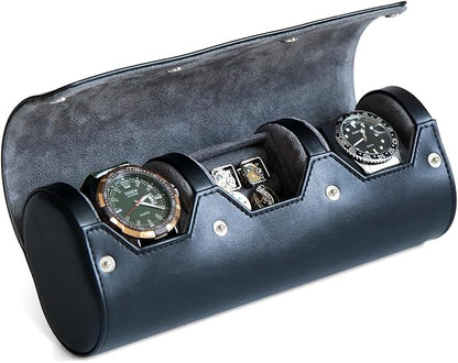 Travel Case for Watch and Cufflinks - PU Leather Organizer, Men's Storage Box, Portable Roll Set for 2 Watches - Gift