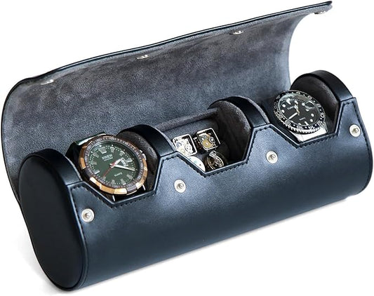 Travel Case for Watch and Cufflinks - PU Leather Organizer, Men's Storage Box, Portable Roll Set for 2 Watches - Gift