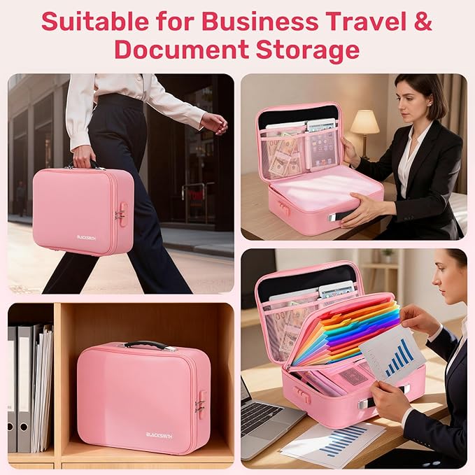 BlackSmith Fireproof Document Box, 4200°F Heat Resistant & Waterproof Hard Case 13 Layers File Organizer with Lock, Portable Safe for Important Documents, Certificates, Travel Use-Pink
