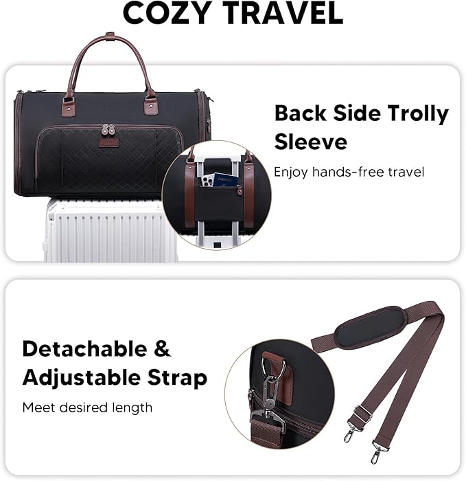 Garment Bag for Airplane Travel, Carry On Garment Duffle Bags for Women, 2 in 1 Travel Suit Bag with Shoes Compartment Carry on Bag Hanging Garment Bag Travel with Shoulder Strap,Black