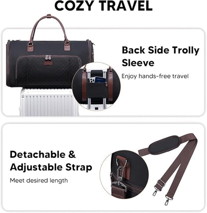 Garment Bag for Airplane Travel, Carry On Garment Duffle Bags for Women, 2 in 1 Travel Suit Bag with Shoes Compartment Carry on Bag Hanging Garment Bag Travel with Shoulder Strap,Black