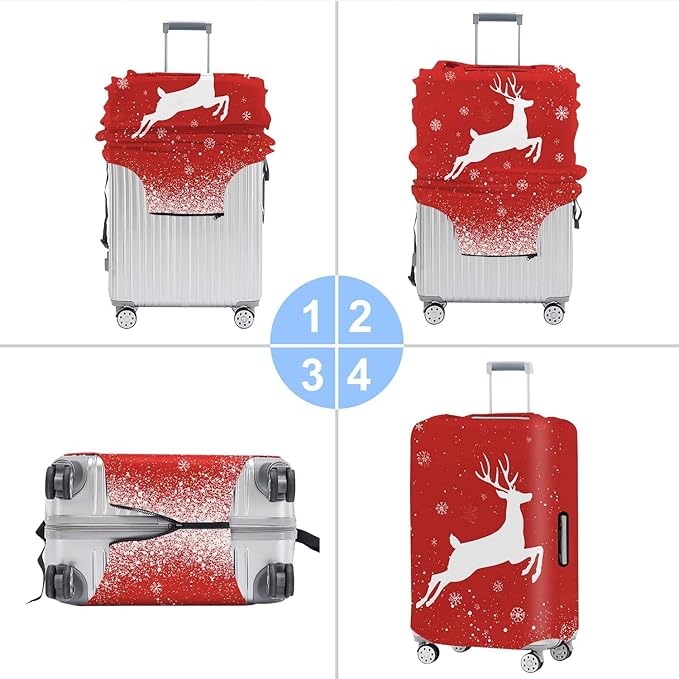 Red Christmas Deer Luggage Cover – Reindeer Suitcase Protector, Stretchable Waterproof Holiday Travel Luggage Sleeve, L