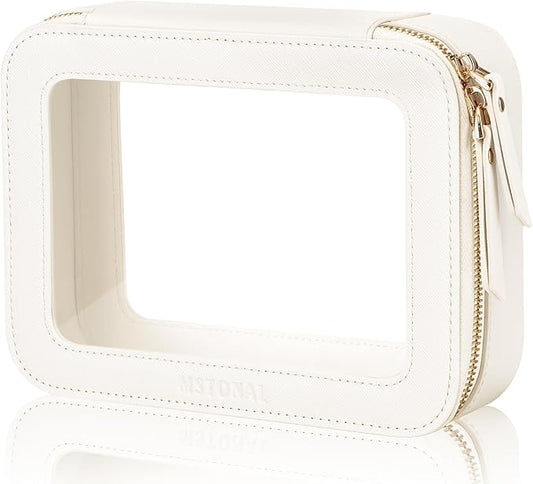 Clear Makeup Bag, Travel Toiletry Bag Cosmetic Case for Women, Waterproof Portable Make Up Skincare Pouch with Zipper, Compact Car Organizer Bag for Essentials, Medium Size, Ivory White