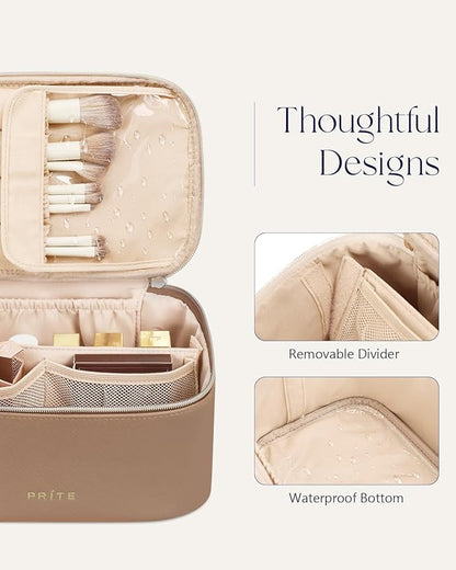 Prite Makeup Bag Portable Cosmetic Organizer with Brush Holder Waterproof Travel Toiletry Bag for Women with Handle and Divider (Brown)