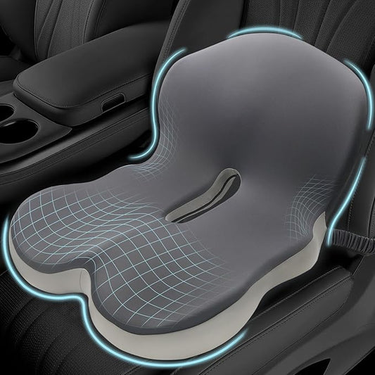 Memory Foam Seat Cushion for Sciatica & Back Pain Relief - Ergonomic Chair Pad with Adjustable Strap & Supportive Comfort Cover, Non-Slip for Car, Truck, Office Chair - Dark Gray&Light Gray