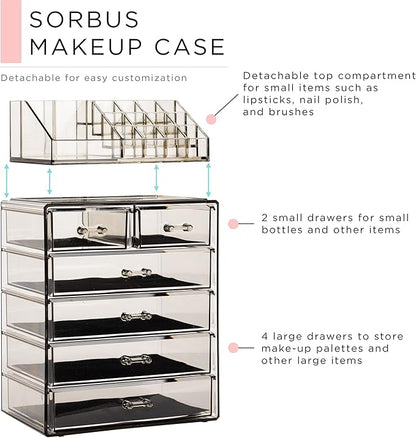 Sorbus Acrylic Makeup Organizer Set, 6-Drawer Vanity & Countertop Cosmetic Storage with Small & Wide Compartments, Black-Tint Makeup Storage for Brushes, Jewelry – Holiday Gift for Women & Teens