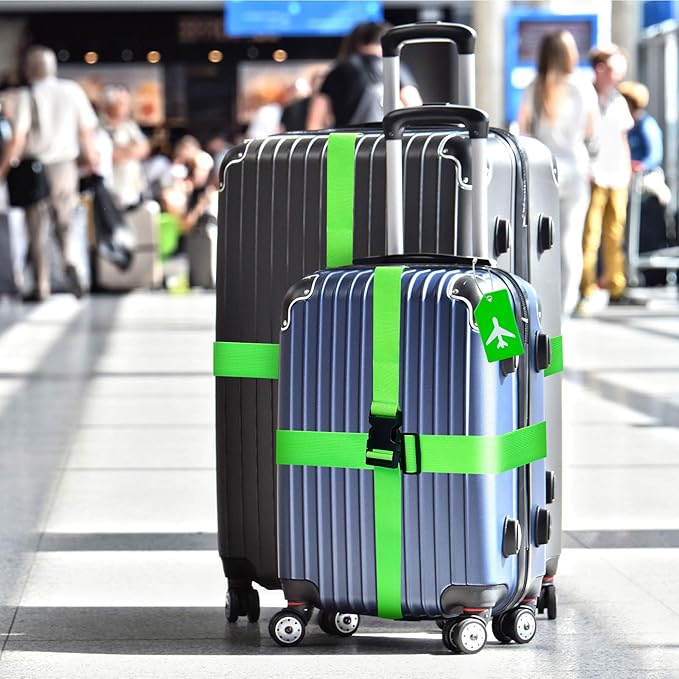 Weewooday 8 Pcs Luggage Straps Suitcase Tags Set for TSA Approved, 4 Travel Adjustable Suitcase Belt, 4 Silicone Luggage Tags with Name ID Card Travel Accessories(Fluorescent Green,Airplane)