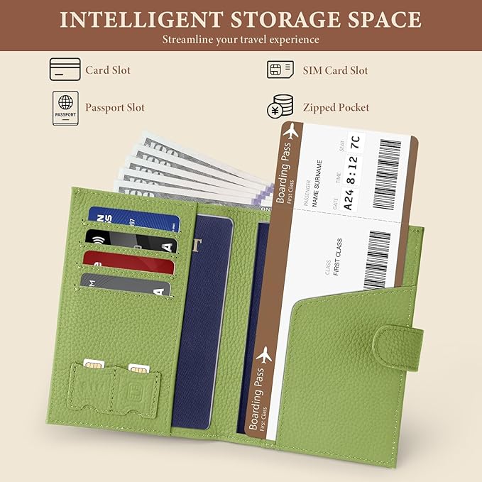 Genuine Leather Passport Holder for Women Men, Hidden Airtag Pocket, RFID Blocking, Zippered Coins Pocket & Cash Compartment Travel Gifts Essentials Passport Cover Case - Green