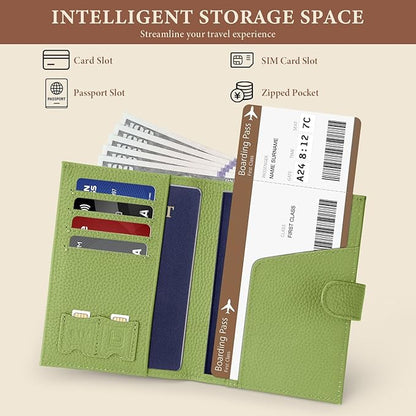 Genuine Leather Passport Holder for Women Men, Hidden Airtag Pocket, RFID Blocking, Zippered Coins Pocket & Cash Compartment Travel Gifts Essentials Passport Cover Case - Green