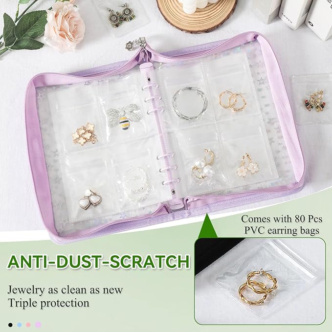 Jewelry Organizer Case Travel Clear Earring Organizer Case Transparent Jewelry Storage Book with Clear Zippered Jewelry Pouch (Purple, With 80 Pcs small Jewelry Pouches)