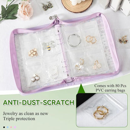Jewelry Organizer Case Travel Clear Earring Organizer Case Transparent Jewelry Storage Book with Clear Zippered Jewelry Pouch (Purple, With 80 Pcs small Jewelry Pouches)