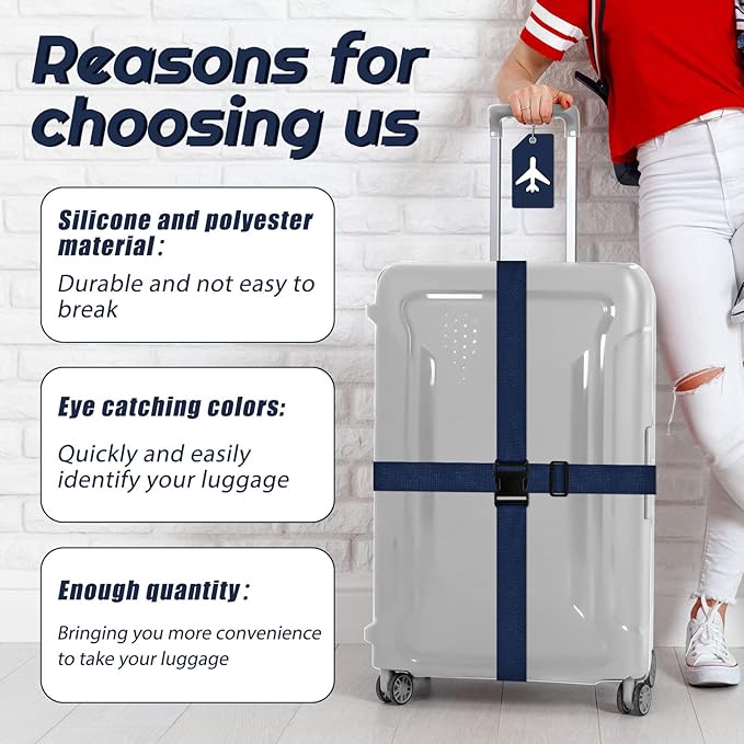 Weewooday 8 Pcs Luggage Straps Suitcase Tags Set for TSA Approved, 4 Travel Adjustable Suitcase Belt, 4 Silicone Luggage Tags with Name ID Card Travel Accessories(Dark Blue,Airplane)