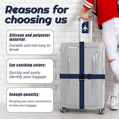 Weewooday 8 Pcs Luggage Straps Suitcase Tags Set for TSA Approved, 4 Travel Adjustable Suitcase Belt, 4 Silicone Luggage Tags with Name ID Card Travel Accessories(Dark Blue,Airplane)