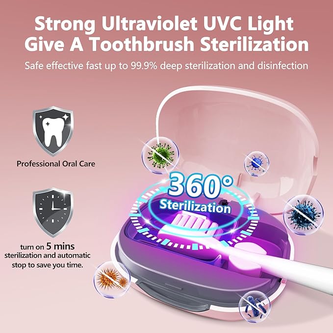 Toothbrush Covers Case San itizer and Holder with Light,Toothbrush Covers with Holder, Rechargeable Portable Toothbrush Cleaner Case（Pink）