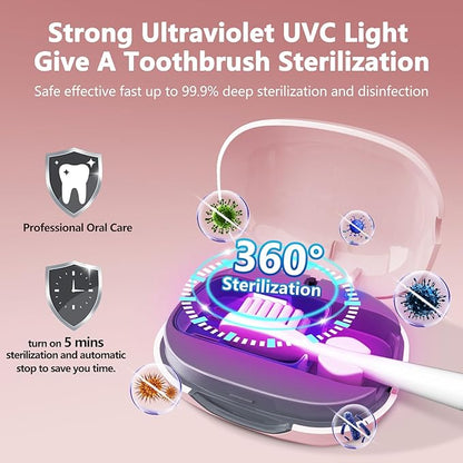 Toothbrush Covers Case San itizer and Holder with Light,Toothbrush Covers with Holder, Rechargeable Portable Toothbrush Cleaner Case（Pink）