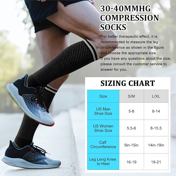 30-40mmHg Medical Graduated Compression Socks for Women&Men Circulation-Compression Stockings-Knee High Socks for Support,Hiking,Running(2 Pack Strip Black Grey,L-XL)
