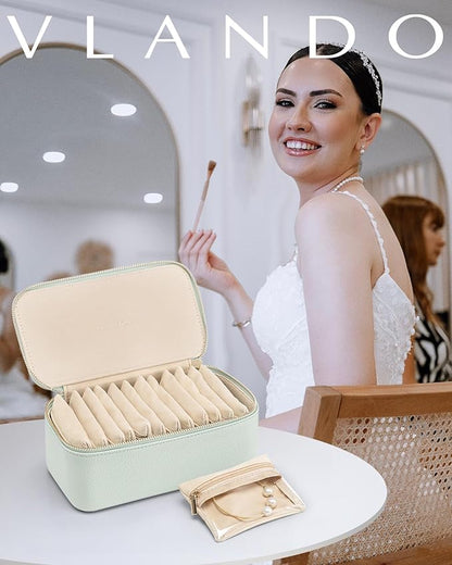 Vlando Jewelry Organizer with 12 Velvet Jewelry Bags Travel Jewelry Case for Girls Premium Petal Hardware Jewelry Box Necklace Rings Earrings Bags Birthday Christmas Gifts for Self-Mint Green