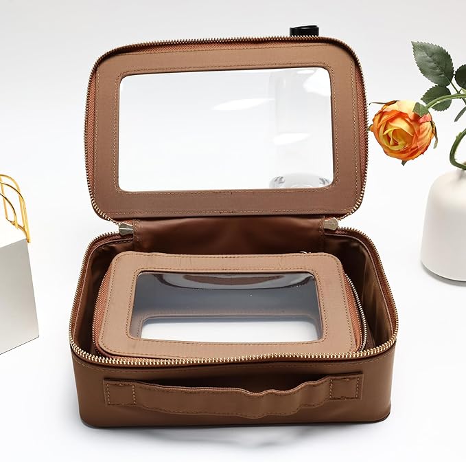 SANHECUN Cosmetic Case with Zipper TSA Approved Storage Box Travel Organizer Pouch Toiletry Portable Makeup Bag Cosmetic Set (2, Brown)