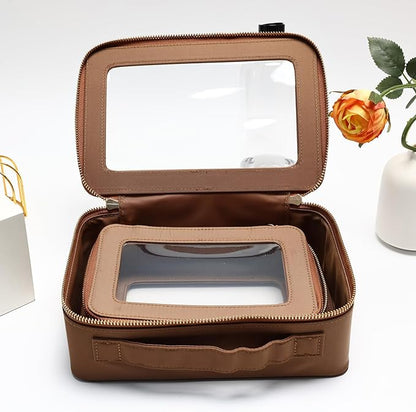 SANHECUN Cosmetic Case with Zipper TSA Approved Storage Box Travel Organizer Pouch Toiletry Portable Makeup Bag Cosmetic Set (2, Brown)