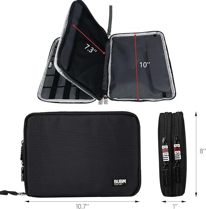 BUBM Double Layer Electronics Organizer/Travel Gadget Bag For Cables,Memory Cards,Flash Hard Drive and More,Fit For iPad Or Tablet(Up To 9.7")--Large, Black