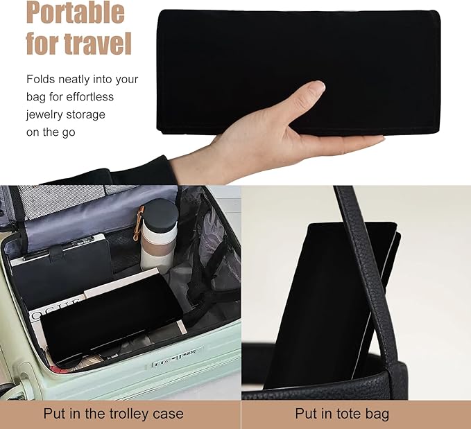 Velvet Travel Jewelry Case Roll Bag Organizer for Necklace Bracelet Earrings Ring (Black) (grey and black)