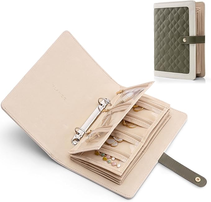 Vlando Travel Jewelry Organizer Case,Mom Gifts from Daughter,Jewelry Storage Book Ring Binder with Clear Zipper Velvet Jewelry Pouch Bag,Travel Essentials for Rings,Necklace,Earrings-Olive Green