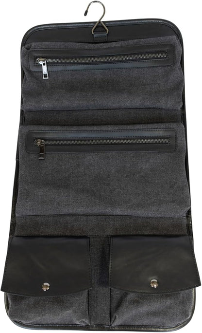 Vetelli Leather Toiletry Bag for Men - Water Resistant, 2 Zippered Internal Pockets, 2 Snap-Fastened Internal Pockets, and Hanging Hook. (Black)
