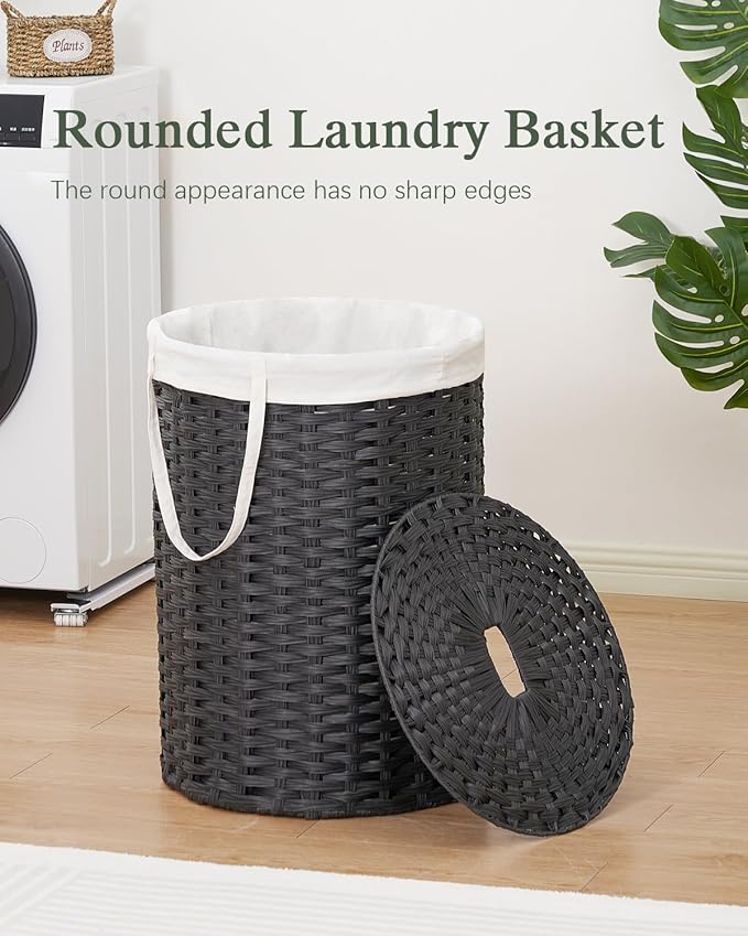 Laundry Basket with Lid Round Rattan Laundry Hamper with Lid and Handles 29.1 Gal (110 L) Handwoven Woven Basket with Removable Bags and 2 Mesh Bags for Bathroom Living Room Black