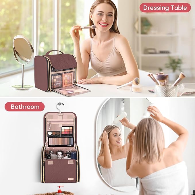 Hanging Toiletry Bag & Makeup Bag for Women with Jewelry Organizer - TSA Approved Large Capacity Travel Cosmetic Organizer, Waterproof Shower Essentials Case with Transparent Pockets