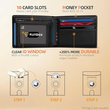 RUNBOX AirTag-Wallet-Mens-Slim-RFID Blocking Wallets Leather with Bill Compartment Air Tag Bifold Card Holder Wallet Gifts for Men Dad