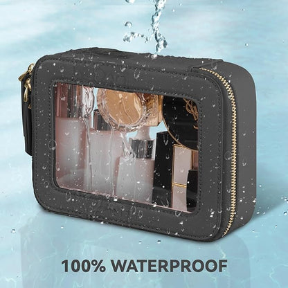 Prite Clear Makeup Bag Cosmetic Organizer Case Waterproof Travel Toiletry Bag Skincare Pouch with Golden Zipper(Black)