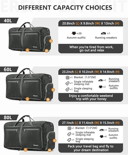 Gonex 40L 60L 80L 100L 150L Large Foldable Travel Duffle Bag with Shoes Compartment, Packable Lightweight Water Repellent Duffel Bag for Camping Gym Weekender Bag