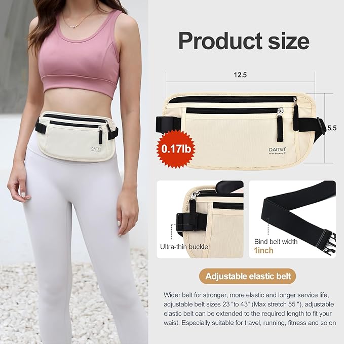 RFID Blocking Money Belt for Men Women, Slim Fanny Pack for Travel，Running,Conceal Waist Wallet for Passport Holder,Phone,Cash(Cream White)