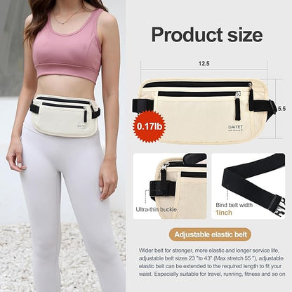 RFID Blocking Money Belt for Men Women, Slim Fanny Pack for Travel，Running,Conceal Waist Wallet for Passport Holder,Phone,Cash(Cream White)
