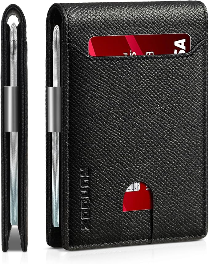 RUNBOX Slim Wallets for Men - Leather Money Clip Mens Wallet - RFID Blocking Front Pocket Bifold Wallet - Thin Credit Card Holder with Gift Box