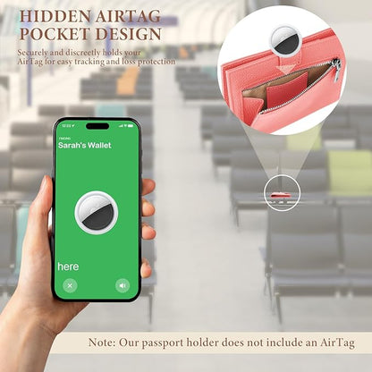 Genuine Leather Passport Holder for Women Men, Hidden Airtag Pocket, RFID Blocking, Zippered Coins Pocket & Cash Compartment Travel Gifts Essentials Passport Cover Case - Hot pink