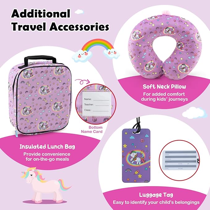 Goplus 5 Piece Kid’s Luggage Set, 16” Carry on Suitcase w/13” Backpack, Neck Pillow, Hardside Spinner Toddler Luggage, Travel Rolling Suitcase for Boys Girls Gifts (Pink, Unicorn)
