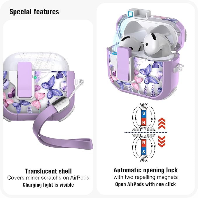 WENEW Case for AirPods 4th Case Cover Secure Lock Automatic Snap Switch Clip Cleaner Kit Lanyard Women Stylish Flower Armour Hard Shell Full Body Front LED Visible (Purple Butterfly, AirPods 4th)
