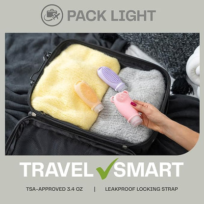 Sumina Silicone Travel Bottles 3-Pack (3.4 oz) with TSA Bag | TSA-Approved Leakproof Toiletry Containers | Refillable Shampoo Bottles with Gentle Exfoliation | Soft, Squeezable Silicone