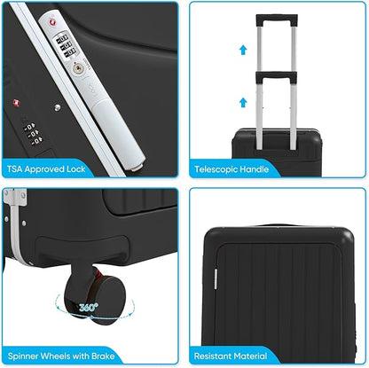 20 Inch Ride on Luggage With Seat For Kids&Adults,with Front Pocket, Foldable Seat Back TSA Approved Lock, 360° Spinner Wheels (20 inch,Black)