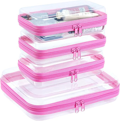 4 pcs Clear Zipper Pouches, Hard Shell Zipper Case, Makeup Organizer Travel Toiletry bag, Diaper Bag, Travel Organizer, Clear Cosmetic Bag,Toy Storage Bins (M+3S Pink)