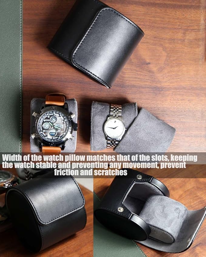Watch Travel Case, Single Premium Leather Watch Case, Variable Size Watch Pillow Design, Portable Watch Storage Box for Men and Women, Black Watch Roll Organizer with Faux Suede Fabric Lining