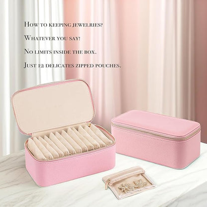 Vlando Travel Jewelry Box Organizer - 12 Small Velvet Zipped Pouches Pockets for Jewelries Necklaces Rings Earrings Sorting Storage, Strawberry Pink