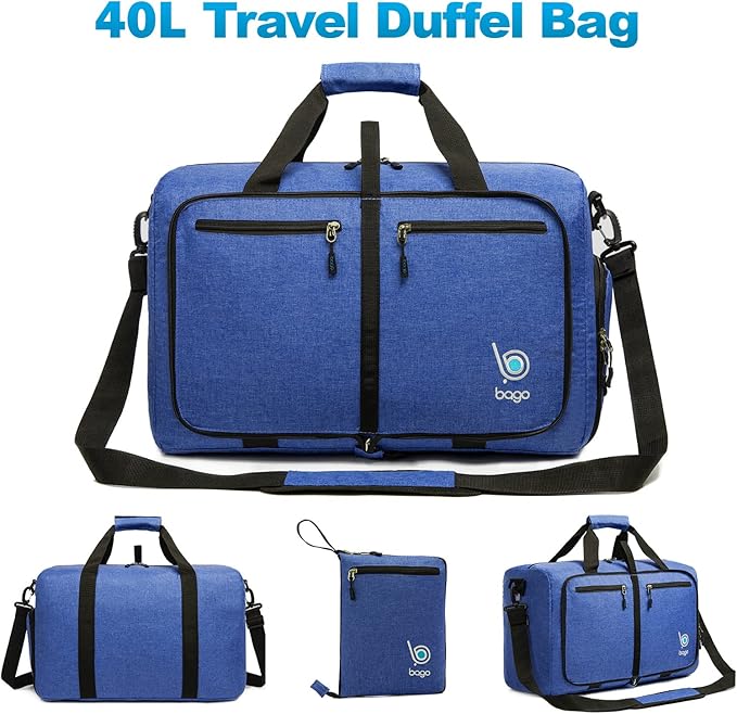 Bago Foldable Duffel Bags for Traveling Women & Men - 40L Sports Packable Duffle Bag for Travel with Shoe Compartment - Water Repellant, Heavy Duty, Lightweight Folding & Collapsible (SnowDepBlue)