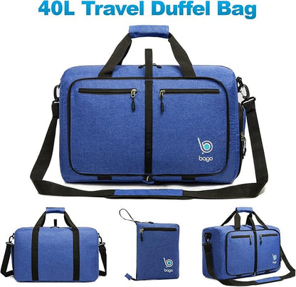 Bago Foldable Duffel Bags for Traveling Women & Men - 40L Sports Packable Duffle Bag for Travel with Shoe Compartment - Water Repellant, Heavy Duty, Lightweight Folding & Collapsible (SnowDepBlue)